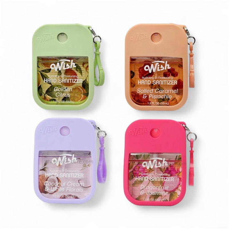 Wish Hand Sanitizer Spary Travel Size Spray 4-Piece 1.2 FL OZ (35ML) Each, Salted caramel, Coconut Cream, Dragonfruit, Golden Citrux, Hydrating and Moisturizing,(4 pack) - Image 1
